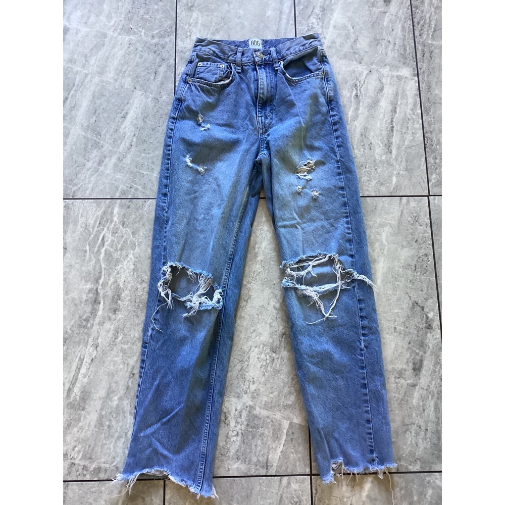 BDG Urban Outfitters High Rise Baggy Blue Denim Jeans Distressed Ripped Size 25